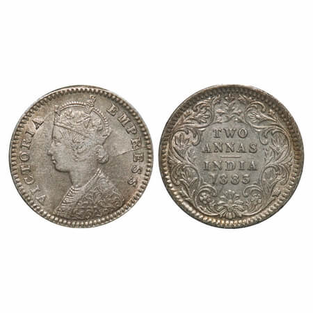 Victoria Empress, Silver, 2 Annas, 1883, Calcutta Mint, B/II, 'C' incused, Ghost on Rev, D