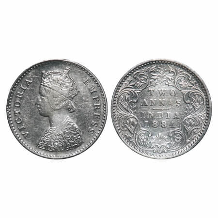 Victoria Empress, Silver, 2 Annas, 1884, Bombay Mint, A/I, No dot. F. Prid 531. GK 769. Ex