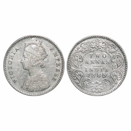 Victoria Empress, Silver, 2 annas, 1885, Bombay Mint, A/I, 'B' raised. F. Prid 537. GK 777
