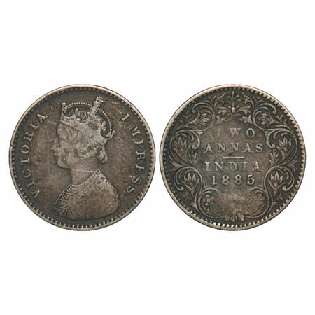Victoria Empress, Silver, 2 Annas, 1885, Bombay Mint, A/I, 'B' raised. F. Prid 537. GK 777