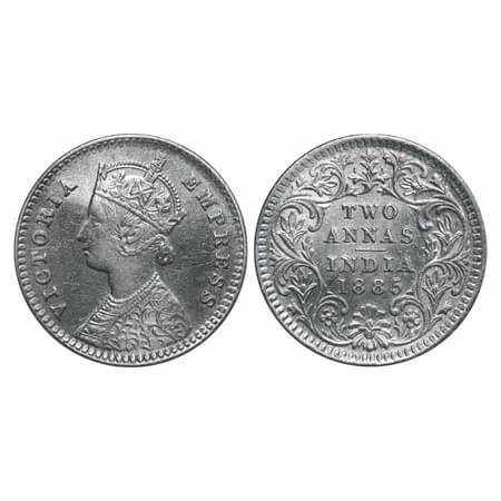 Victoria Empress, Silver, 2 Annas, 1885, Calcutta Mint, B/II, 'C' incused. F. Prid 500. GK