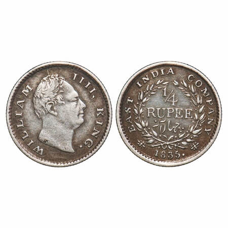 William IV, Silver, 1/4 Rupee, 1835, Calcutta Mint, A/III, Dugout f, Large dugout f, Wreat