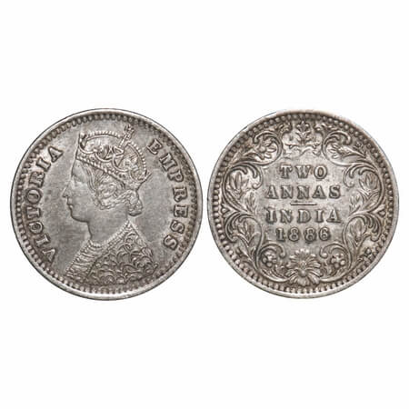 Victoria Empress, Silver, 2 Annas 1886, Bombay Mint, B/II, 'B' incused, Note: Jumping nume