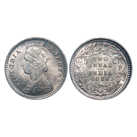 Victoria Empress, Silver, 2 Annas, 1886, Calcutta Mint, B/II, 'C' incused, Die cracks on O