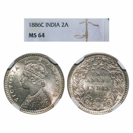 Victoria Empress, Silver, 2 Annas, 1886, Calcutta Mint, B/II, 'C' incused. F. Prid 501. GK