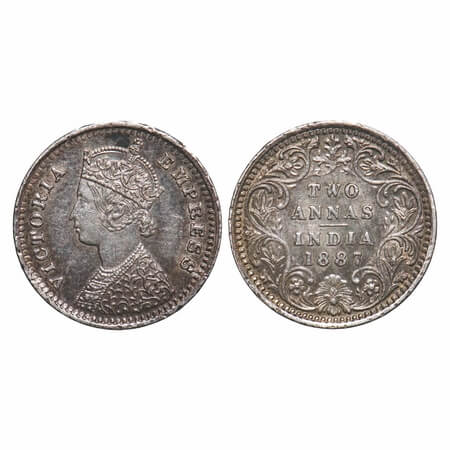 Victoria Empress, Silver, 2 Annas 1887, Bombay Mint, B/II, 'B' incused. F. Prid 540. GK 78