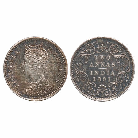 Victoria Empress, Silver, 2 Annas 1891, Bombay Mint, B/II, 'B' incused. F. Prid 502. GK 78