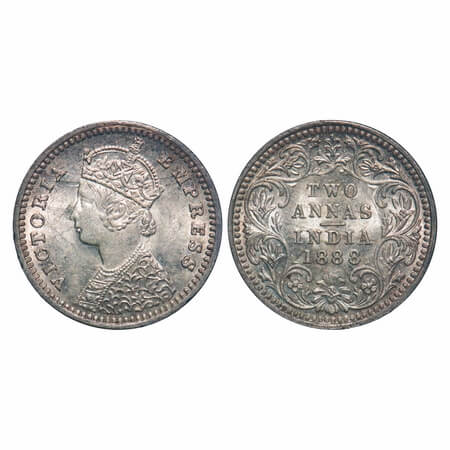 Victoria Empress, Silver, 2 Annas, 1888, Bombay Mint, B/II, 'B' incused. F. Prid 541. GK 7
