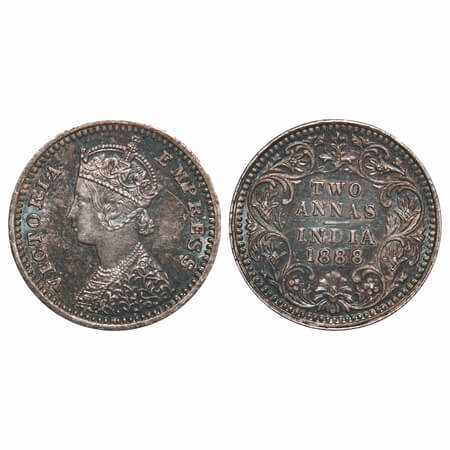 Victoria Empress, Silver, 2 Annas 1888, Bombay Mint, B/II, 'B' incused. F. Prid 541. GK 78