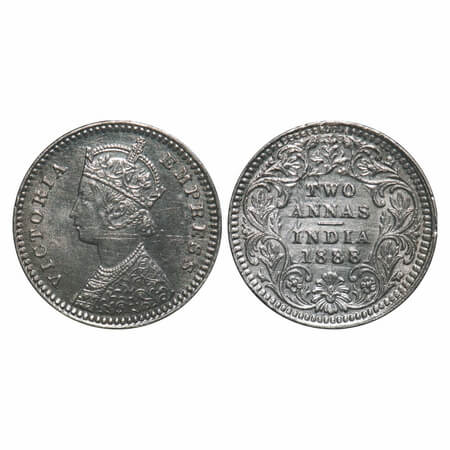 Victoria Empress, Silver, 2 Annas, 1888, Calcutta Mint, B/II, No mint mark, No 'C'. F. Pri