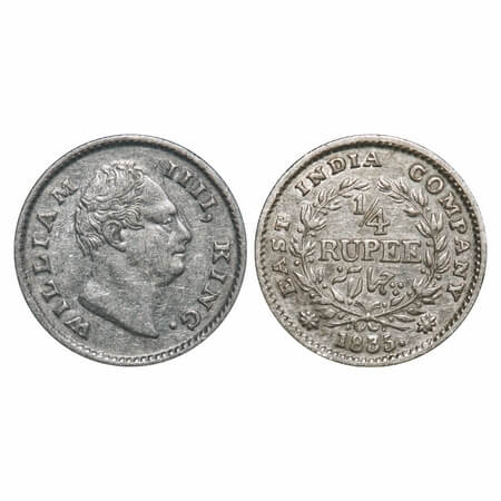 William IV, Silver, 1/4 Rupee, 1835, Calcutta Mint, A/III, 'F' raised, Wreath with 18 Berr
