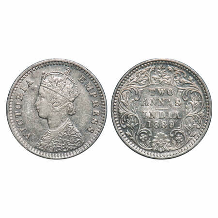 Victoria Empress, Silver, 2 Annas, 1889, Bombay Mint, B/II, 'B' incused. F. Prid 542. GK 7