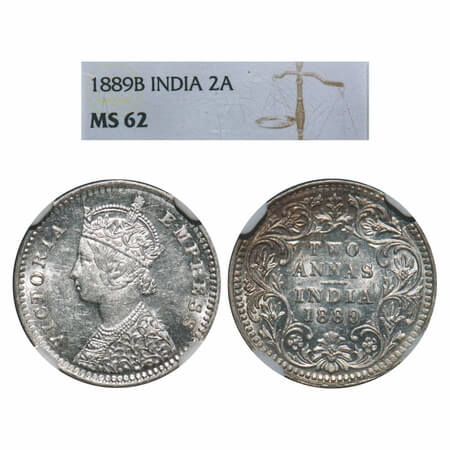 Victoria Empress, Silver, 2 Annas, 1889, Bombay Mint, B/II, 'B' incused. F. Prid 542. GK 7