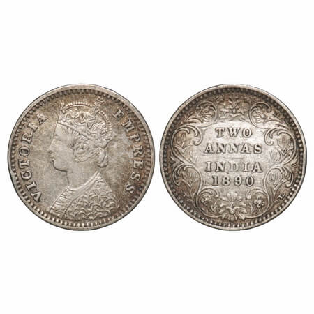 Victoria Empress, Silver, 2 Annas, 1890, Bombay Mint, B/II, 'B' raised. F. Prid 544. GK 79