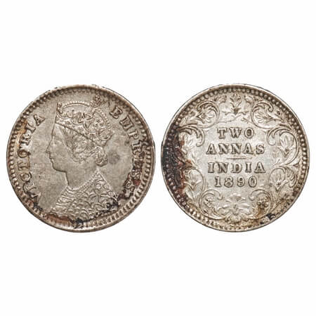Victoria Empress, Silver, 2 Annas, 1890, Bombay Mint, B/II, 'B' incused. F. Prid 545. GK 7