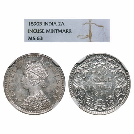 Victoria Empress, Silver, 2 Annas, 1890, Bombay Mint, B/II, 'C' incused. F. Prid 545. GK 7