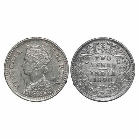 Victoria Empress, Silver, 2 Annas, 1890, Bombay Mint, B/II, 'B' incused. F. Prid 545. GK 7