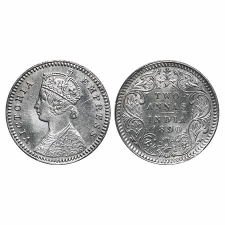 Victoria Empress, Silver, 2 Annas, 1890, Calcutta Mint, B/II, 'C' incused. F. Prid 505. GK