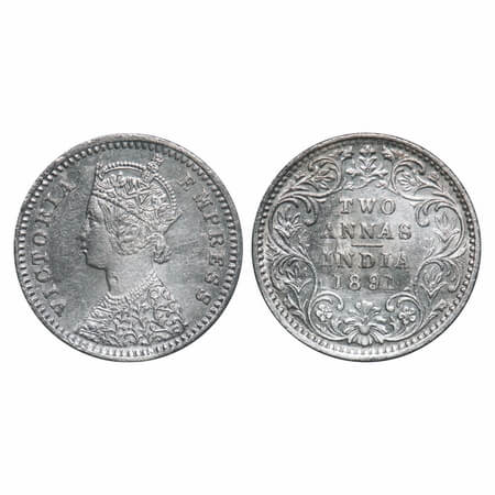 Victoria Empress, Silver, 2 Annas, 1891, Bombay Mint, B/II, 'B' incused. F. Prid 546. GK 7