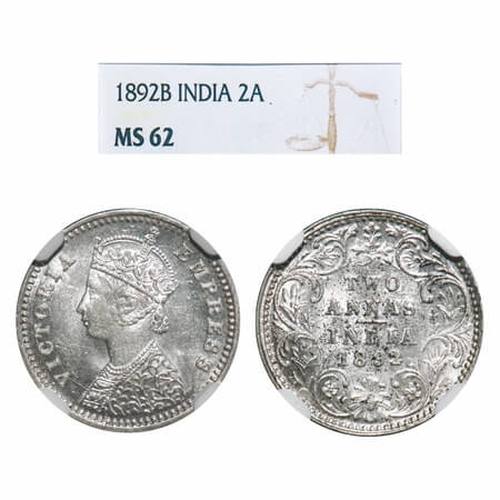 Victoria Empress, Silver, 2 Annas, 1892, Bombay Mint, B/II, 'B' incused. F. Prid 547. GK 7