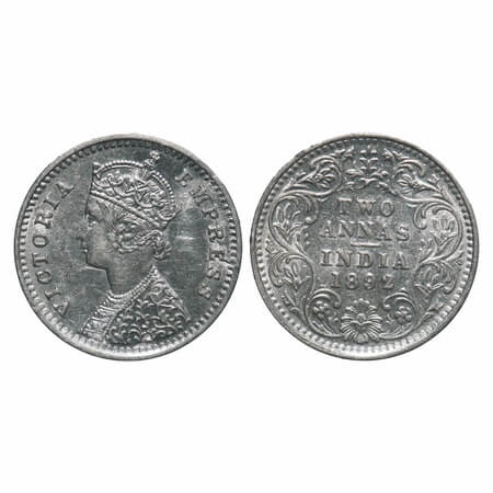 Victoria Empress, Silver, 2 Annas, 1892, Bombay Mint, B/II, 'B' incused. F. Prid 547. GK 7