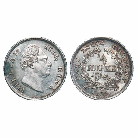 William IV, Silver, 1/4 Rupee, 1835, Calcutta Mint, A/III, 'F' raised, Wreath with 18 Berr