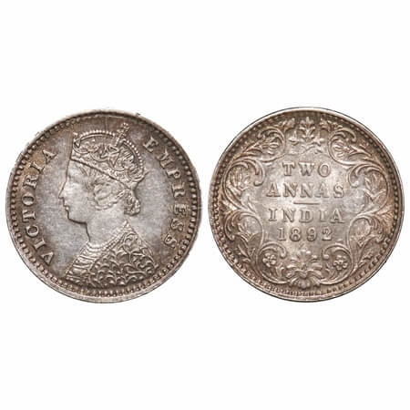 Victoria Empress, Silver, 2 Annas, 1892, Bombay Mint, B/II, 'B' incused. F. Prid 547. GK 7