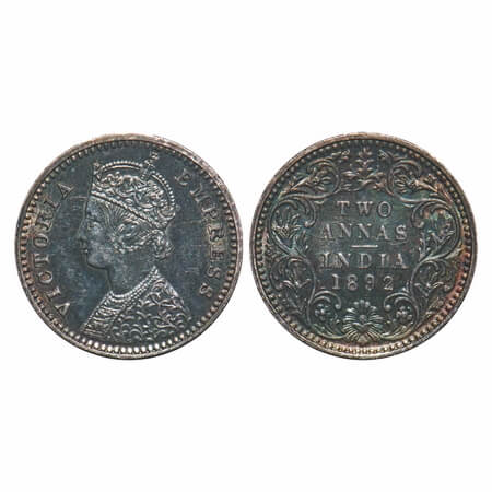 Victoria Empress, Silver, 2 Annas 1892, Bombay Mint, B/II, 'B' incused, Struck through Err