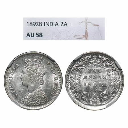 Victoria Empress, Silver, 2 Annas, 1892, Bombay Mint, B/II, 'B' incused. F. Prid 547. GK 7
