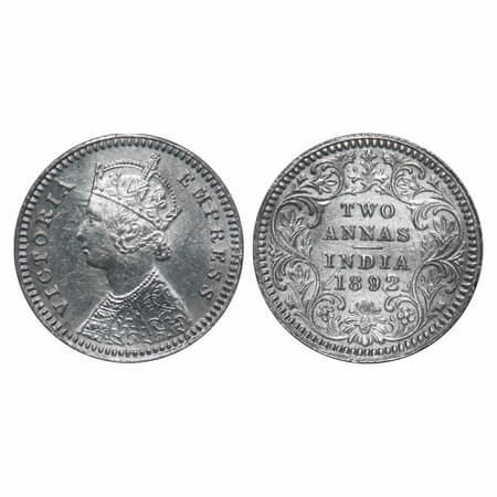 Victoria Empress, Silver, 2 Annas, 1892, Calcutta Mint, B/II, 'C' incused, Ghost on Rev. F