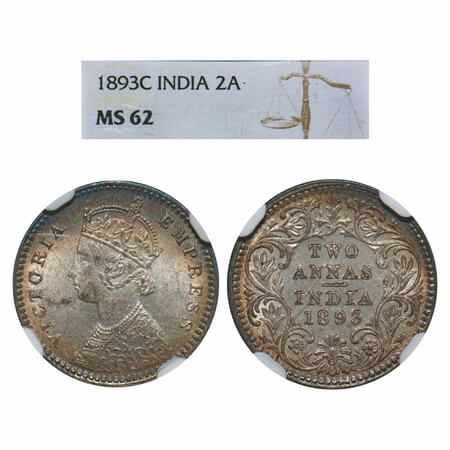 Victoria Empress, Silver, 2 Annas, 1893, Calcutta Mint, B/II, 'C' incused. F. Prid. GK 800
