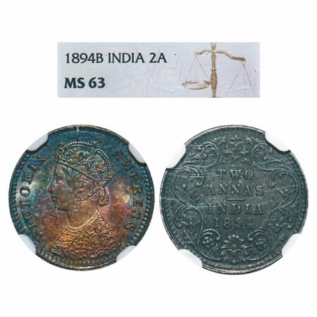 Victoria Empress, Silver, 2 Annas, 1894, Bombay Mint, B/II, 'B' incused. F. Prid 549. GK 8