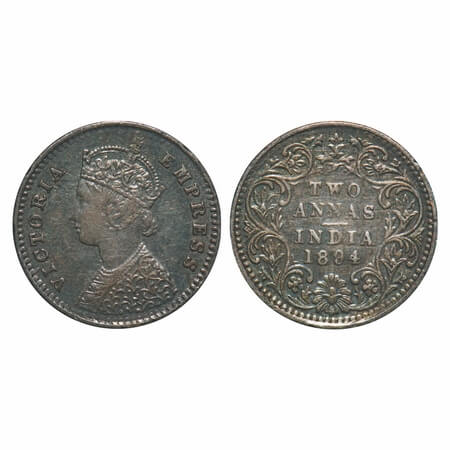 Victoria Empress, Silver, 2 Annas, 1894, Bombay Mint, B/II, 'B' incused, Ghost on Obv. F. 