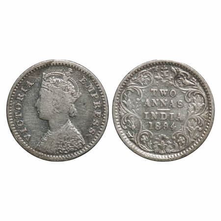 Victoria Empress, Silver, 2 Annas, 1894, Bombay Mint, B/II, 'B' incused. F. Prid 549. GK 8