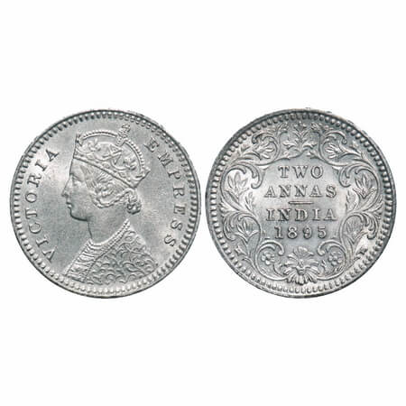 Victoria Empress, Silver, 2 Annas, 1895, Calcutta Mint, B/II, 'C' incused. F. Prid 510. GK