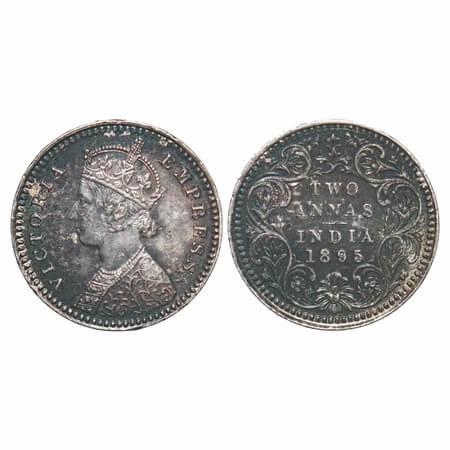 Victoria Empress, Silver, 2 Annas 1895, Calcutta Mint, B/II, 'C' incused. F. Prid 510. GK 
