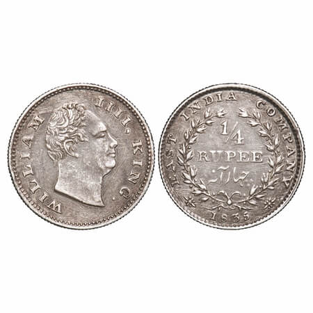 William IV, Silver, 1/4 Rupee, 1835, Bombay Mint, A/I, No initials, Rev aligned, Wreath wi
