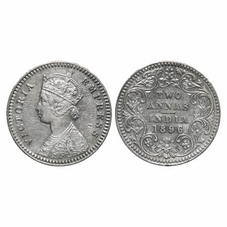 Victoria Empress, Silver, 2 Annas, 1896, Calcutta Mint, B/II, 'C' incused. F. Prid 511. GK
