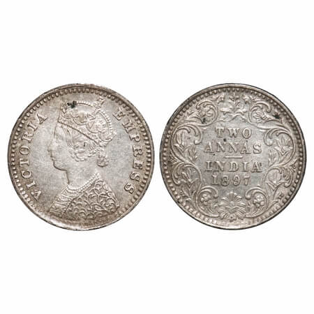 Victoria Empress, Silver, 2 Annas, 1897, Bombay Mint, B/II, 'B' incused, Die crack on Obv.