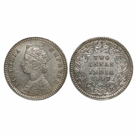 Victoria Empress, Silver, 2 Annas, 1897, Calcutta Mint, B/II, 'C' incused. F. Prid 512. GK