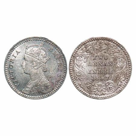 Victoria Empress, Silver, 2 Annas, 1897, Calcutta Mint, B/II, 'C' incused. F. Prid 512. GK