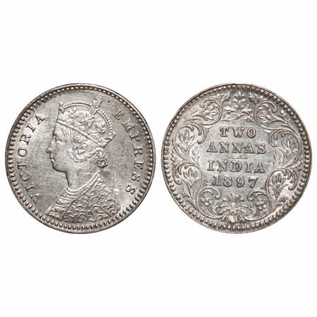Victoria Empress, Silver, 2 Annas, 1897, Calcutta Mint, B/II, 'C' incused. F. Prid 512. GK