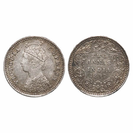 Victoria Empress, Silver, 2 Annas 1897, Calcutta Mint, B/II, 'C' incused. F. Prid 512. GK 