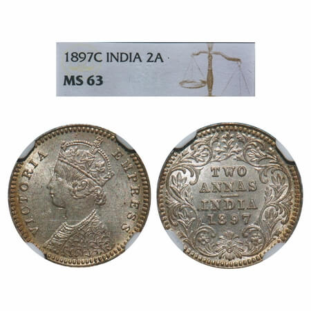 Victoria Empress, Silver, 2 Annas, 1897, Calcutta Mint, B/II, 'C' incused. F. Prid 512. GK