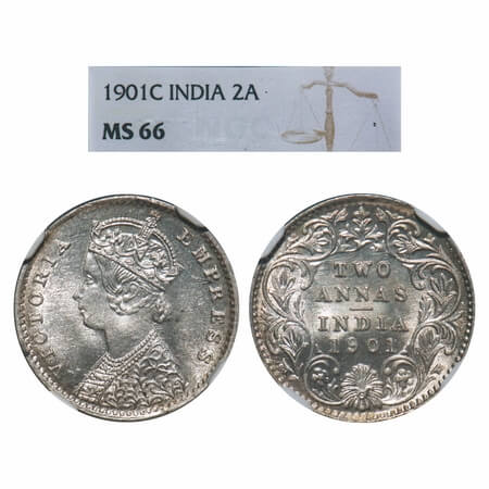 Victoria Empress, Silver, 2 Annas, 1901, Calcutta Mint, B/II, 'C' incused. F. Prid 515. GK