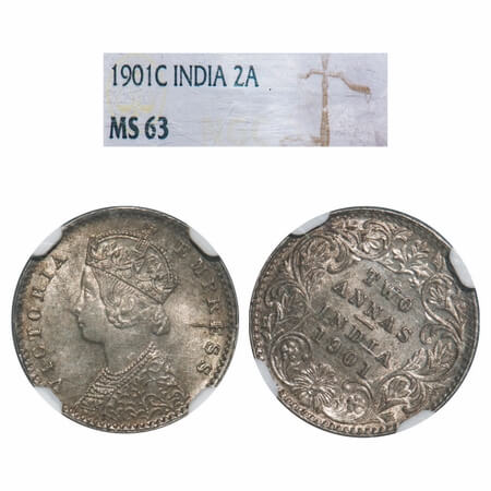 Victoria Empress, Silver, 2 Annas, 1901, Calcutta Mint, B/II, 'C' incused, 1'o clock on Re