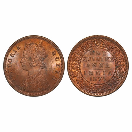 Victoria Queen, Copper, Quarter Anna, 1874, Calcutta Mint, B/II, No mint mark, Mechanical 