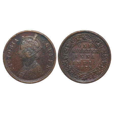 Victoria Queen, Copper, Quarter Anna, 1875, Calcutta Mint, B/II, No mint mark. F. Prid 609