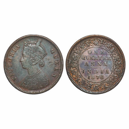 Victoria Queen, Copper, Quarter Anna, 1876, Calcutta Mint, B/II, No mint mark. F. Prid 610