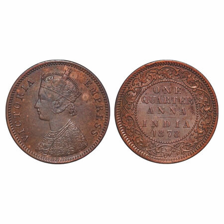 Victoria Empress, Copper, Quarter Anna, 1878, Calcutta Mint, B/II, No mint mark, die crack